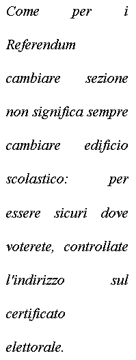 Casella di testo: Come per i Referendum cambiare sezione non significa sempre cambiare edificio scolastico: per essere sicuri dove voterete, controllate l'indirizzo sul certificato elettorale.

